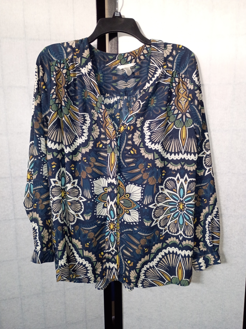 H&M Navy Floral Button-Down Blouse with Multicolor Medallion Print